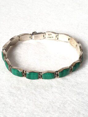 Rare Vintage 1950s Mexico 950 Sterling Silver Malachite Inlay Link Bracelet